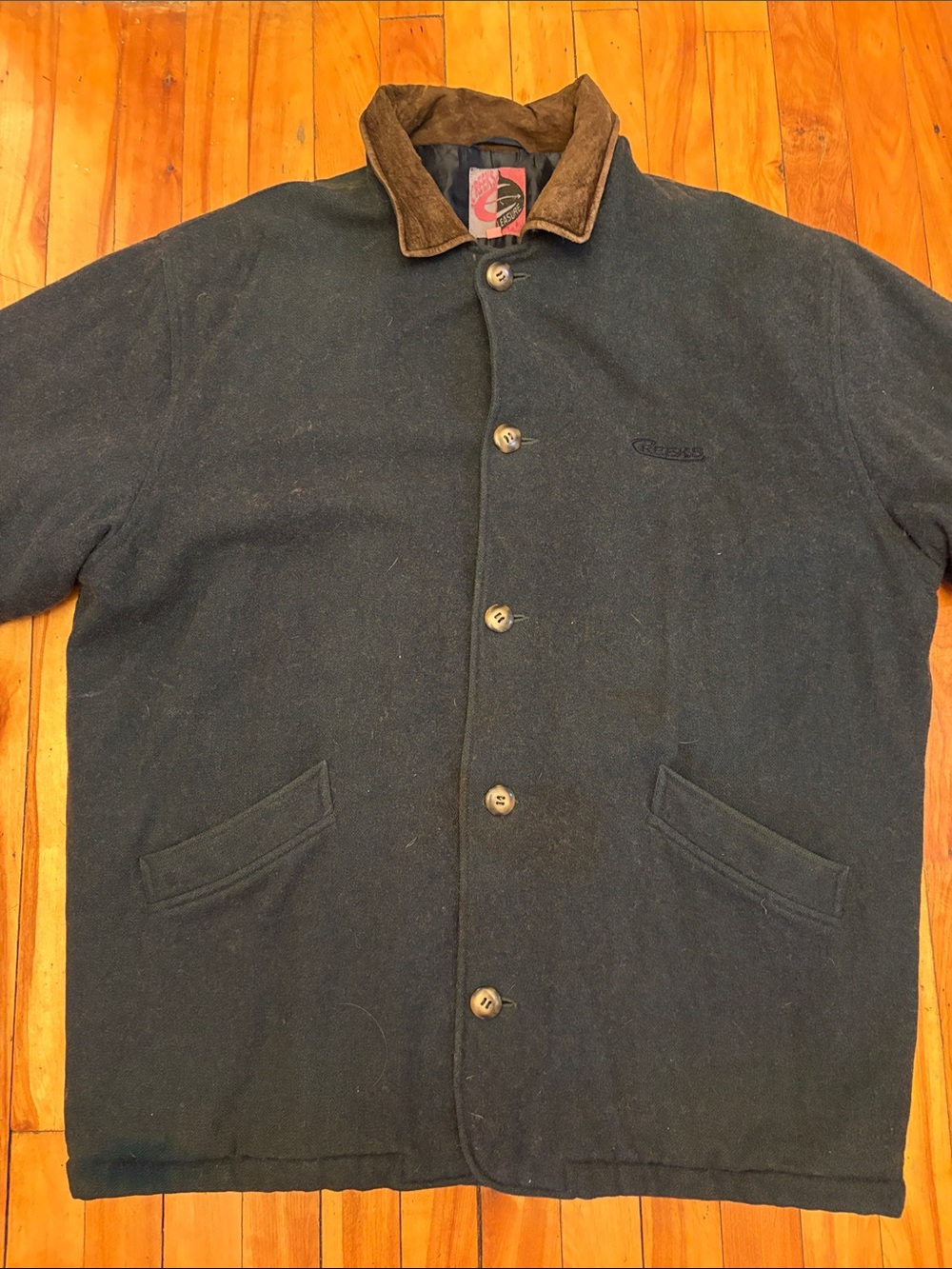 Vintage CREEKS Insulated Men's Dark Green Wool-Blend Pea Coat Leather Collar XL